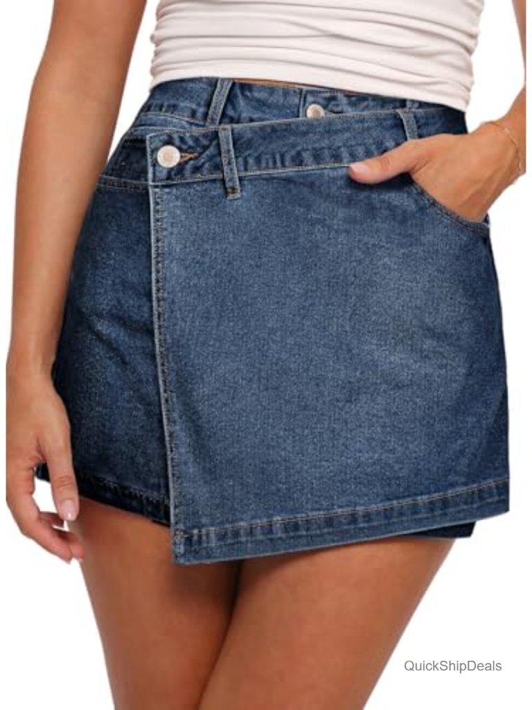 High Waisted Jean Skort Asymmetrical Wrap Stretchy Denim Skorts With Pockets